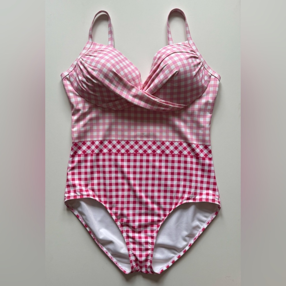 Draper James x Lands End Womens One-Piece New Pink Gingham Swimsuit - Size 14